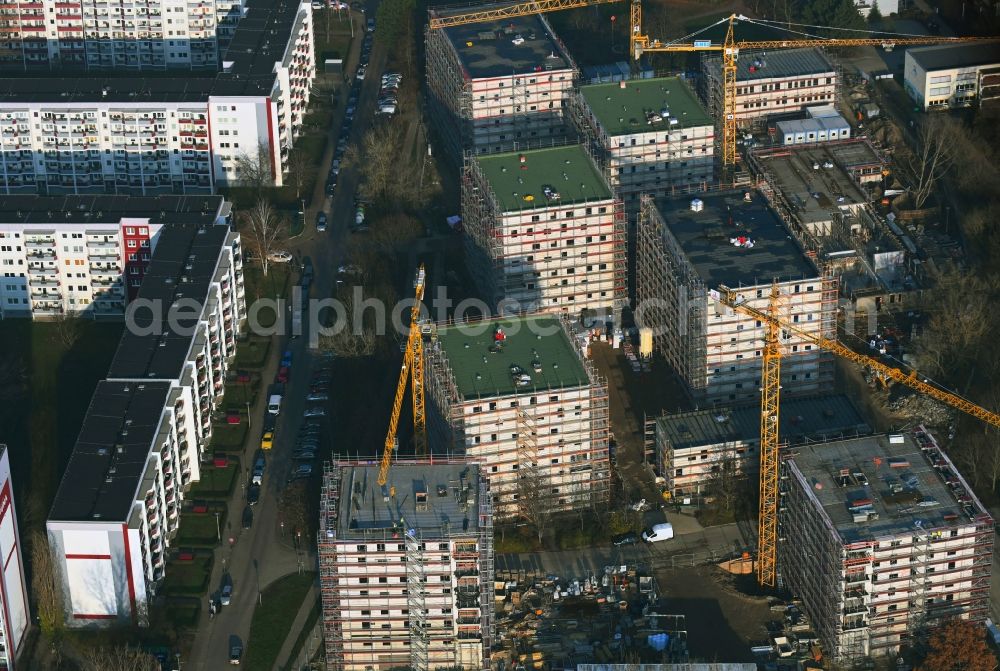 Berlin from above - Construction site to build a new multi-family residential complex on Karl-Holtz-Strasse in the district Marzahn in Berlin, Germany