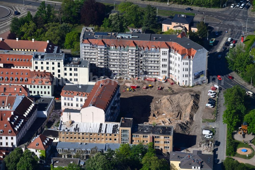 Aerial photograph Dresden - Construction site to build a new multi-family residential complex Koenigshoefe on Theresienstrasse in Dresden in the state Saxony, Germany