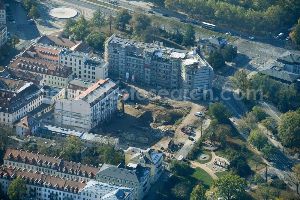 Dresden from the bird's eye view: Construction site to build a new multi-family residential complex Koenigshoefe on Theresienstrasse in Dresden in the state Saxony, Germany