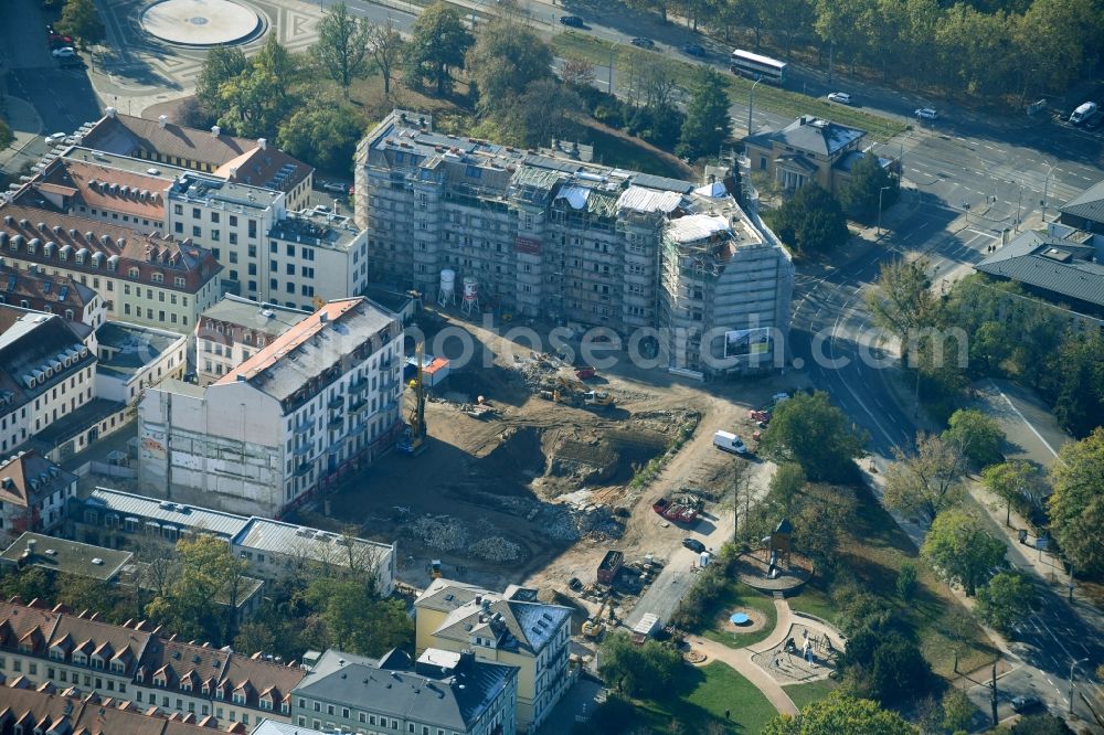 Aerial image Dresden - Construction site to build a new multi-family residential complex Koenigshoefe on Theresienstrasse in Dresden in the state Saxony, Germany