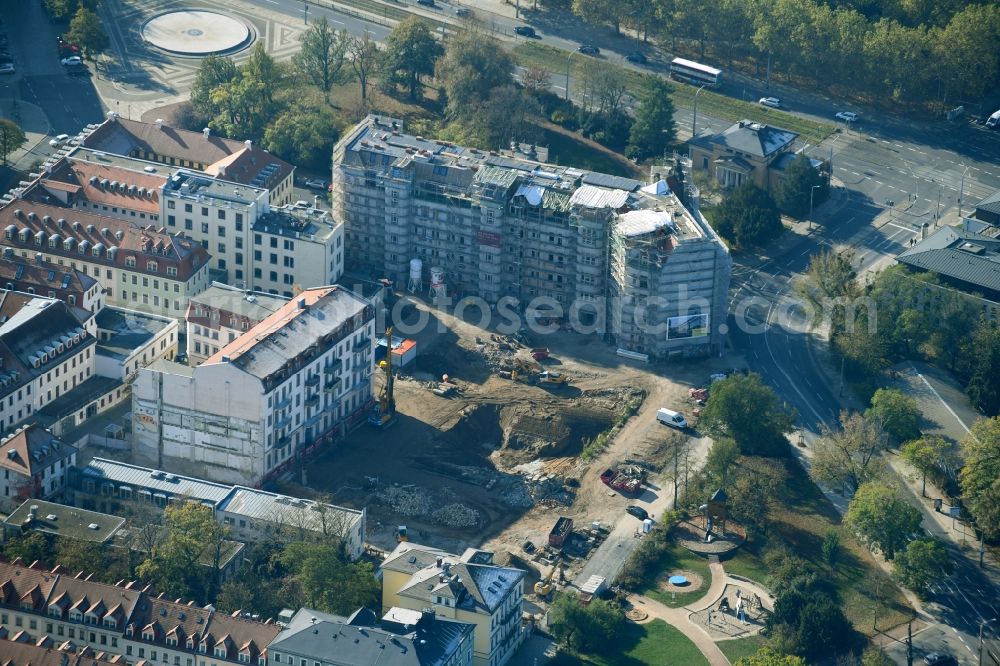 Aerial photograph Dresden - Construction site to build a new multi-family residential complex Koenigshoefe on Theresienstrasse in Dresden in the state Saxony, Germany