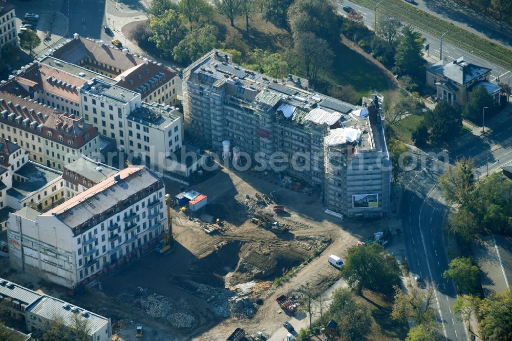 Dresden from above - Construction site to build a new multi-family residential complex Koenigshoefe on Theresienstrasse in Dresden in the state Saxony, Germany