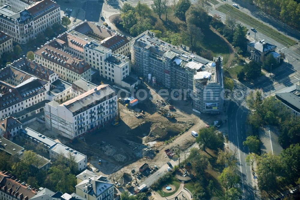 Dresden from the bird's eye view: Construction site to build a new multi-family residential complex Koenigshoefe on Theresienstrasse in Dresden in the state Saxony, Germany