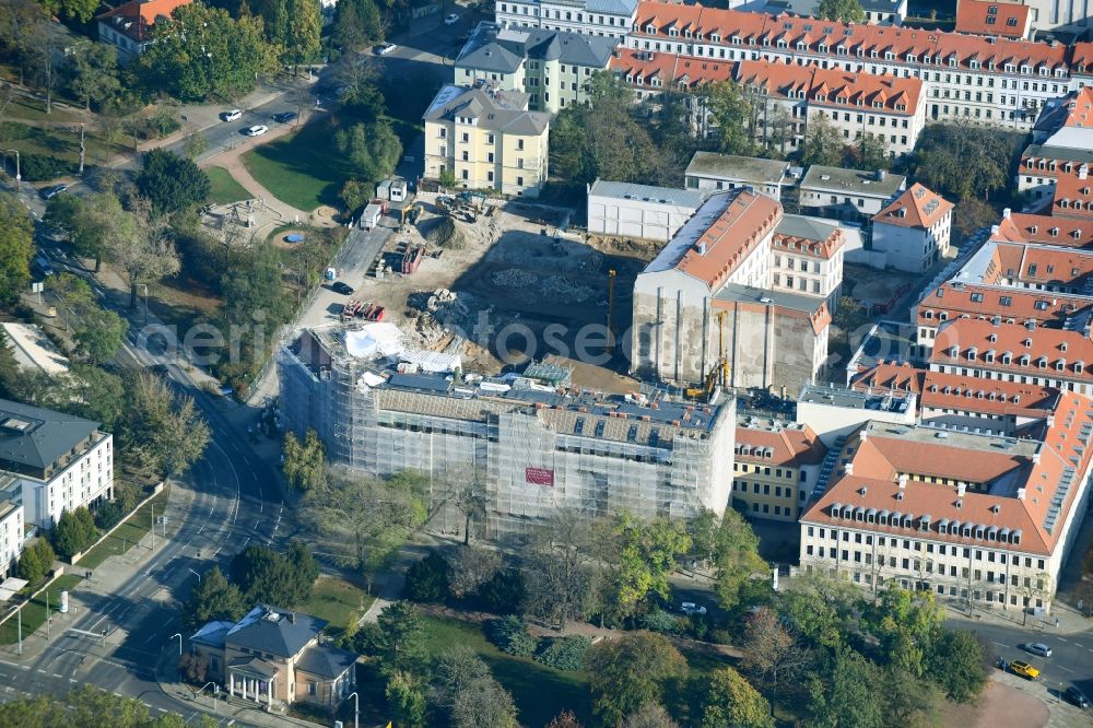 Aerial photograph Dresden - Construction site to build a new multi-family residential complex Koenigshoefe on Theresienstrasse in Dresden in the state Saxony, Germany