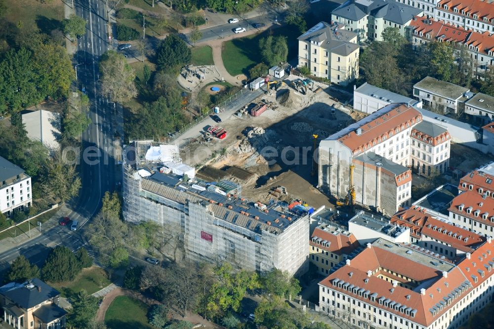 Dresden from the bird's eye view: Construction site to build a new multi-family residential complex Koenigshoefe on Theresienstrasse in Dresden in the state Saxony, Germany