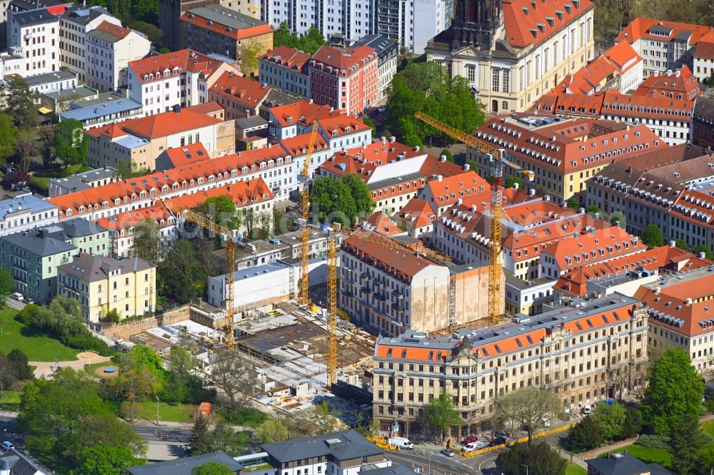 Aerial photograph Dresden - Construction site to build a new multi-family residential complex Koenigshoefe on street Theresienstrasse in the district Innere Neustadt in Dresden in the state Saxony, Germany