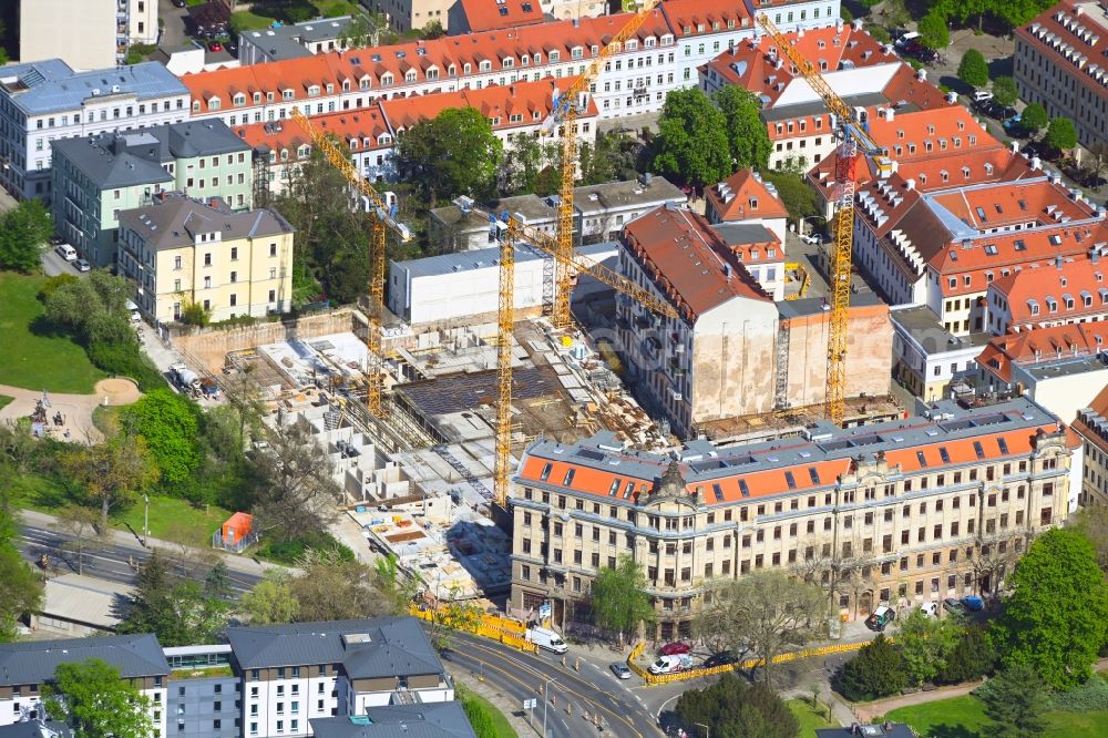 Dresden from above - Construction site to build a new multi-family residential complex Koenigshoefe on street Theresienstrasse in the district Innere Neustadt in Dresden in the state Saxony, Germany