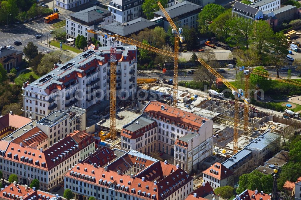 Aerial photograph Dresden - Construction site to build a new multi-family residential complex Koenigshoefe on street Theresienstrasse in the district Innere Neustadt in Dresden in the state Saxony, Germany