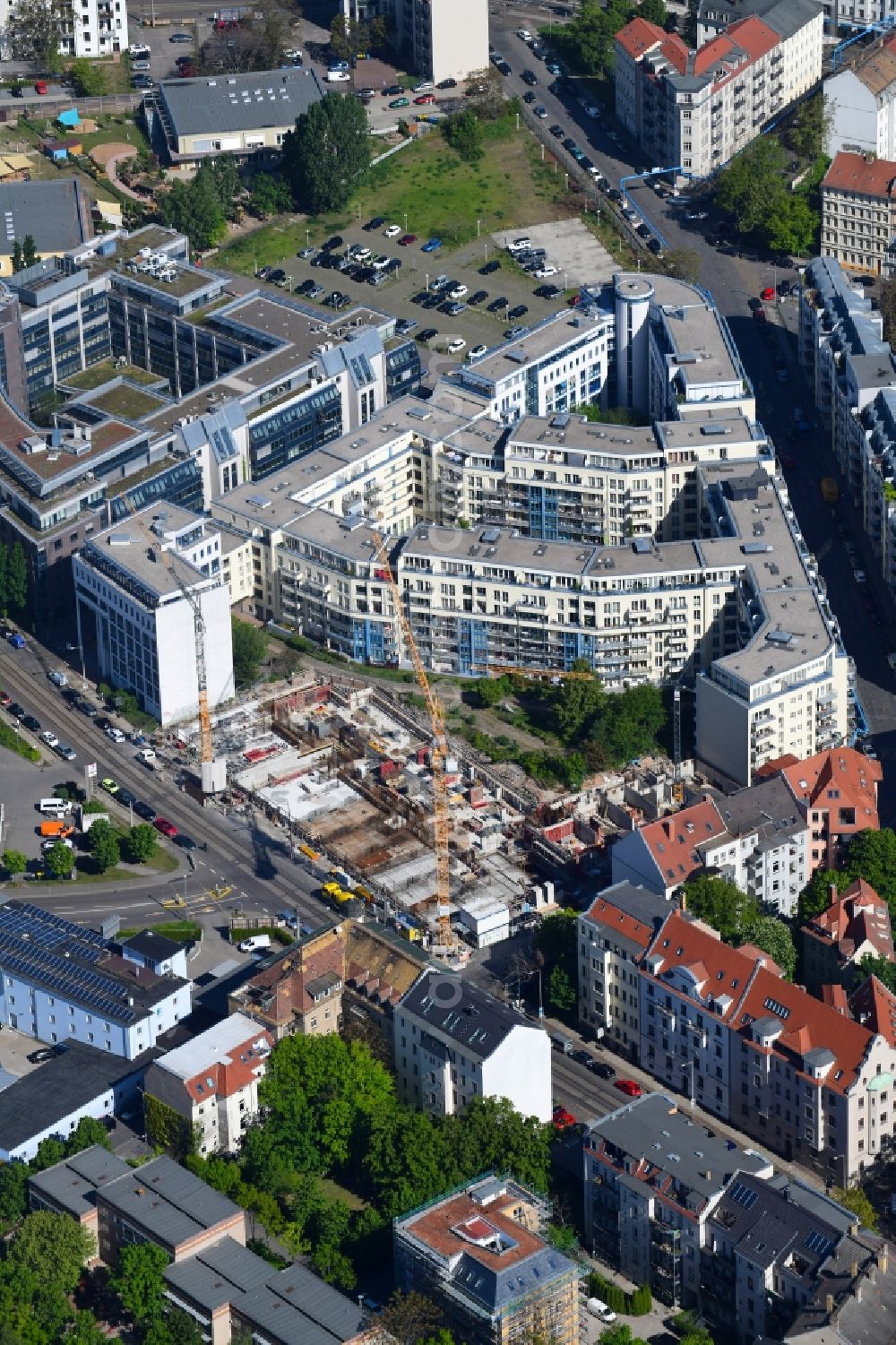 Leipzig from the bird's eye view: Construction site to build a new multi-family residential complex Konstantinum on Kohlgartenstrasse - Konstantinstrasse in Leipzig in the state Saxony, Germany