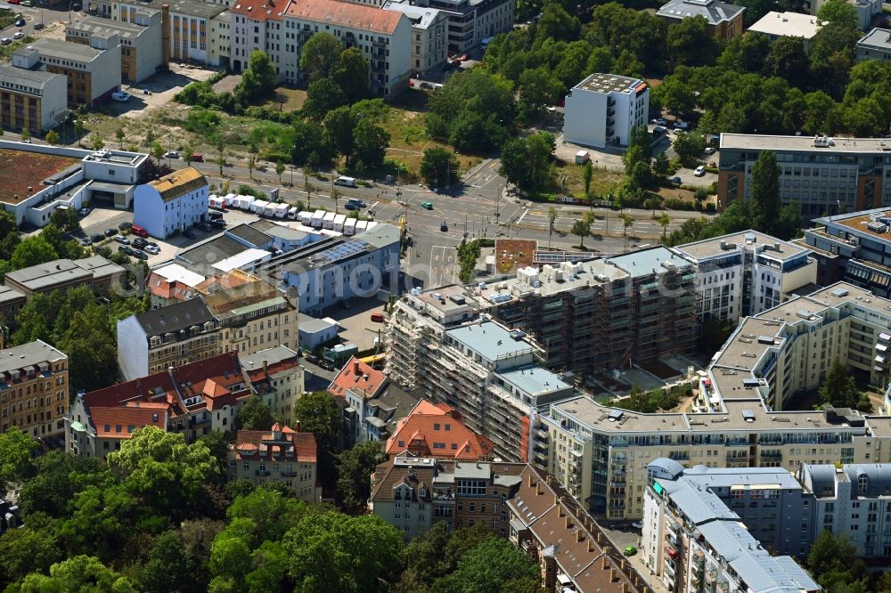 Leipzig from the bird's eye view: Construction site to build a new multi-family residential complex Konstantinum on Kohlgartenstrasse - Konstantinstrasse in Leipzig in the state Saxony, Germany