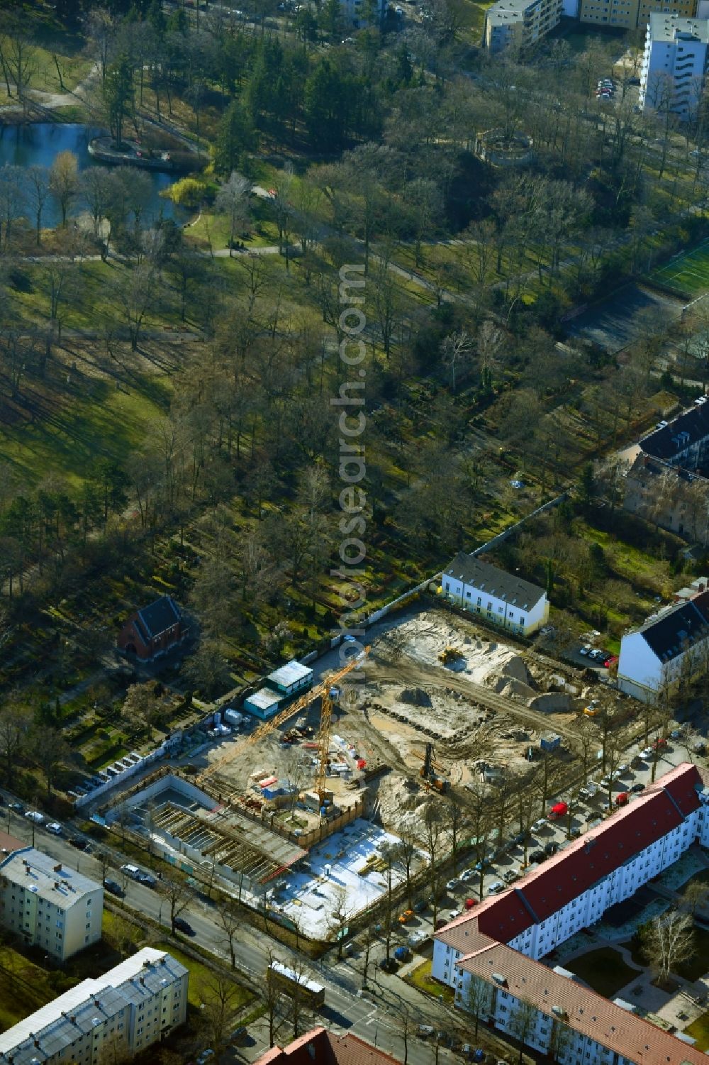 Aerial photograph Berlin - Construction site to build a new multi-family residential complex Lankwitzer Hofgaerten on Muehlenstrasse in the district Lankwitz in Berlin, Germany