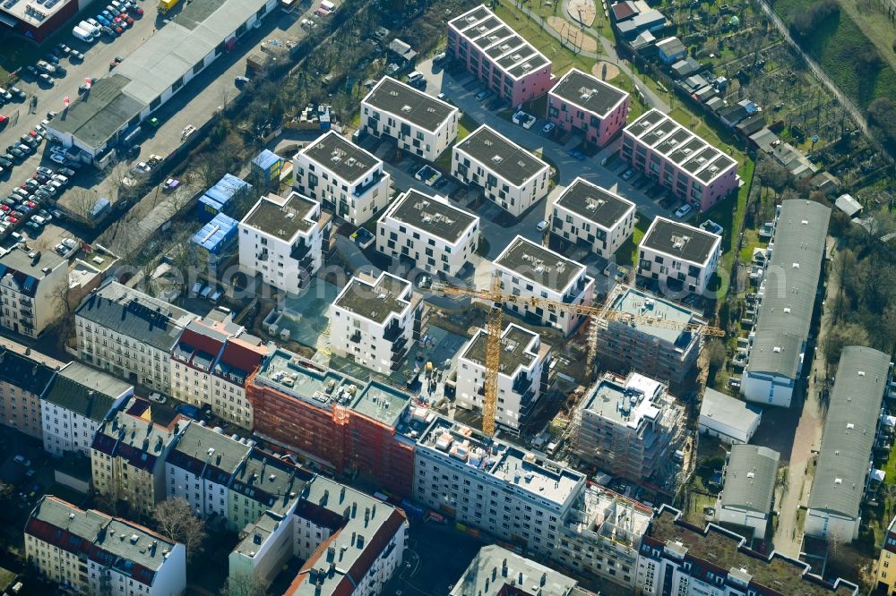 Berlin from the bird's eye view: Construction site to build a new multi-family residential complex Das Lichtenhain on Lueckstrasse - Im Lichtenhain in the district Lichtenberg in Berlin, Germany