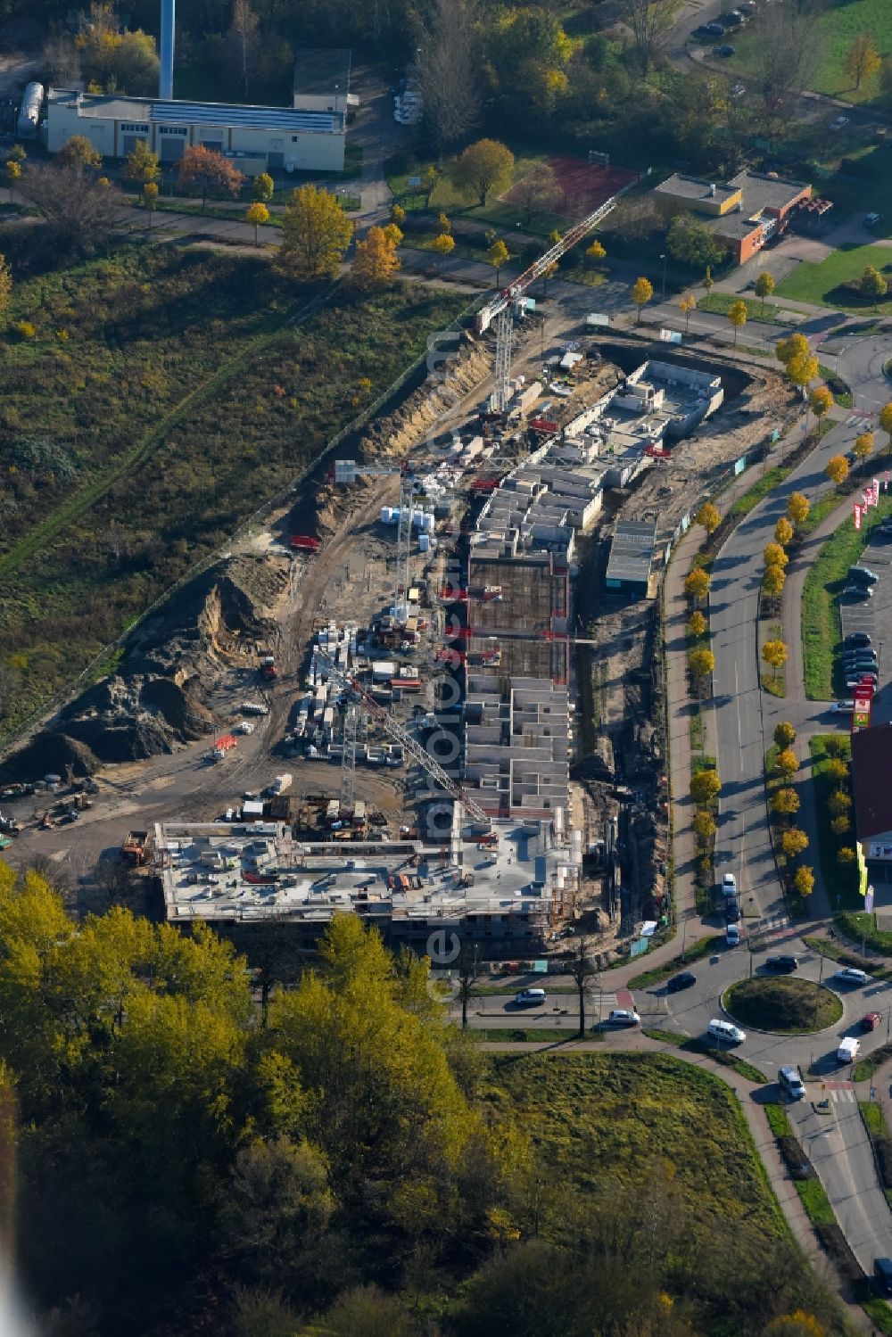 Aerial image Teltow - Construction site to build a new multi-family residential complex Lichterfelder Allee corner Schoenower Strasse in Teltow in the state Brandenburg, Germany