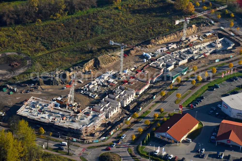 Teltow from above - Construction site to build a new multi-family residential complex Lichterfelder Allee corner Schoenower Strasse in Teltow in the state Brandenburg, Germany