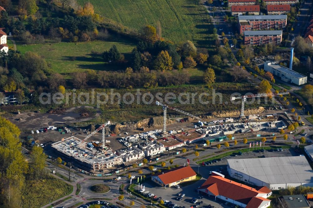 Teltow from the bird's eye view: Construction site to build a new multi-family residential complex Lichterfelder Allee corner Schoenower Strasse in Teltow in the state Brandenburg, Germany