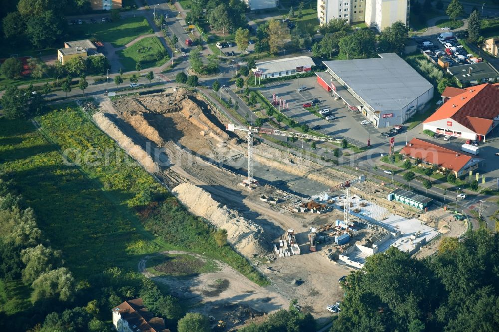 Teltow from the bird's eye view: Construction site to build a new multi-family residential complex Lichterfelder Allee corner Schoenower Strasse in Teltow in the state Brandenburg, Germany