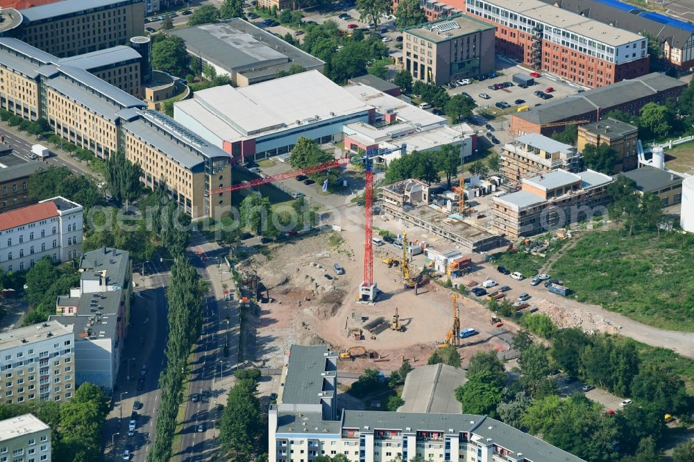 Magdeburg from the bird's eye view: Construction site to build a new multi-family residential complex Luisencarre on Erzbergerstrasse in Magdeburg in the state Saxony-Anhalt, Germany