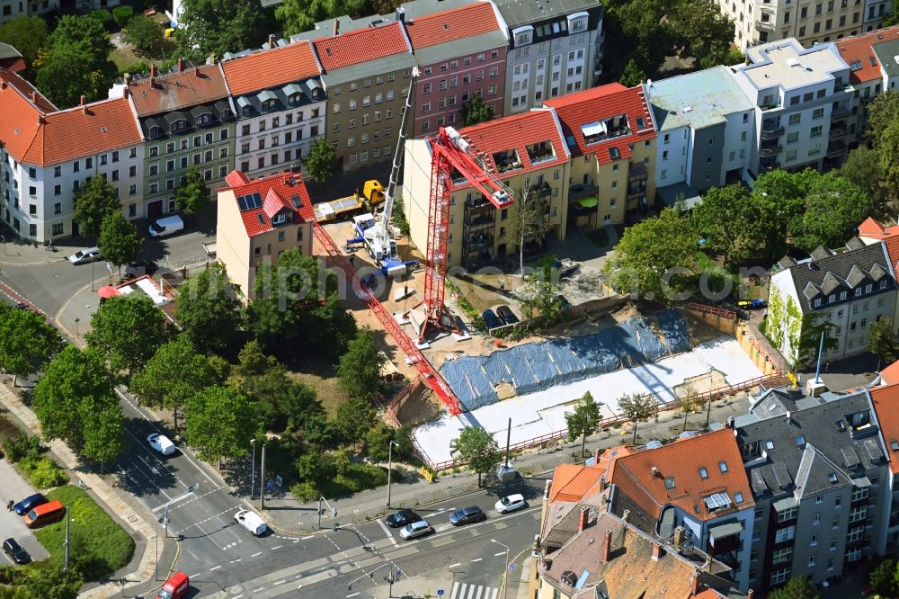 Leipzig from the bird's eye view: Construction site to build a new multi-family residential complex on Magdalenenstrasse - Theresienstrasse - Wittenberger Strasse in Leipzig in the state Saxony, Germany