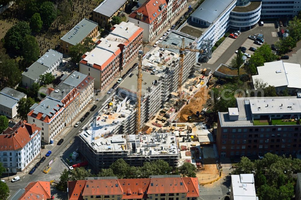 Leipzig from the bird's eye view: Construction site to build a new multi-family residential complex Magnolia on Dessauer Strasse corner Hamburger Strasse in the district Eutritzsch in Leipzig in the state Saxony, Germany