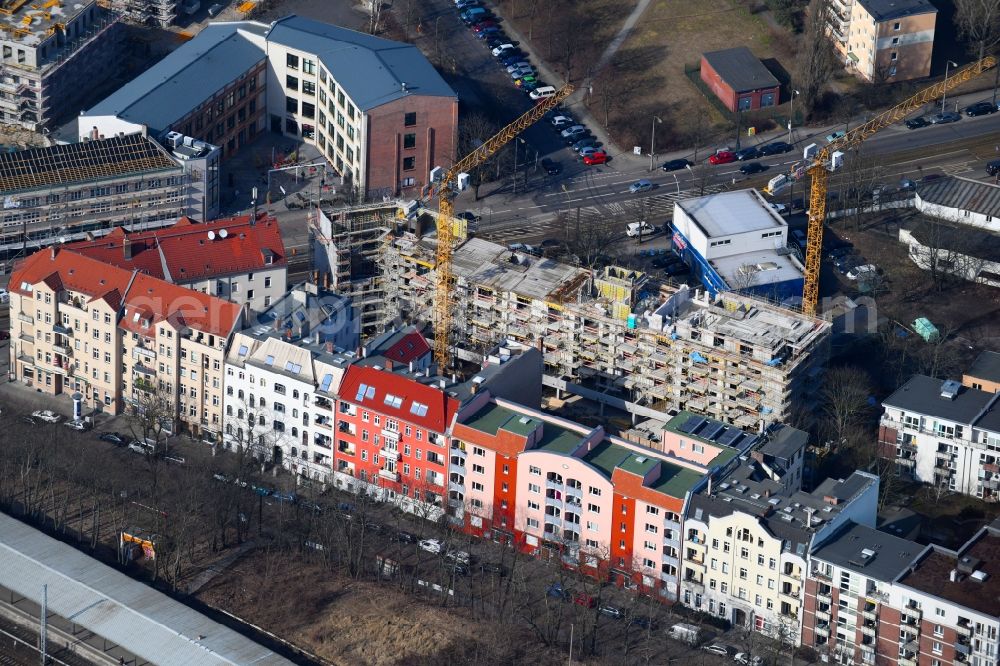 Berlin from above - Construction site to build a new multi-family residential complex Mahlsdorfer Strasse - Hirtenstrasse in the district Koepenick in Berlin, Germany