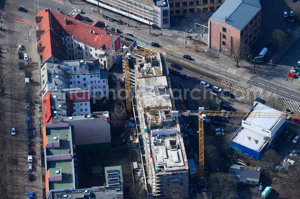 Aerial image Berlin - Construction site to build a new multi-family residential complex Mahlsdorfer Strasse - Hirtenstrasse in the district Koepenick in Berlin, Germany