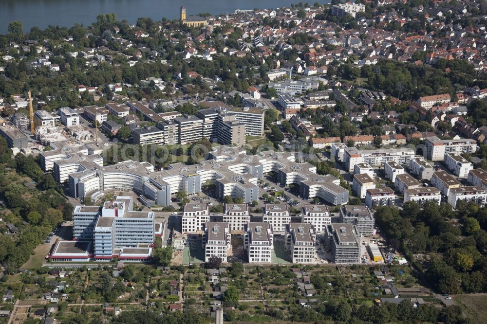 Mainz from the bird's eye view: Construction site to build a new multi-family residential complex in Mainz in the state Rhineland-Palatinate. To the left of the building is the professional association