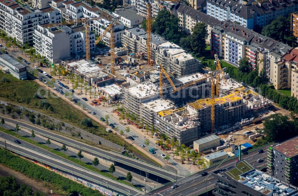 Aerial image Düsseldorf - Construction site to build a new multi-family residential complex Le Quartier Central at the Marc-Chagall-street in Duesseldorf in the state North Rhine-Westphalia