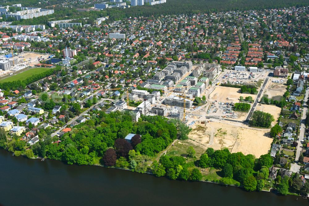 Berlin from above - Construction site for the new construction of a multi-family residential complex Marienufer on the Marienhain on the banks of the river Dahme on Wendenschlossstrasse - Street An der Villa Bolle in the Koepenick district of Berlin, Germany