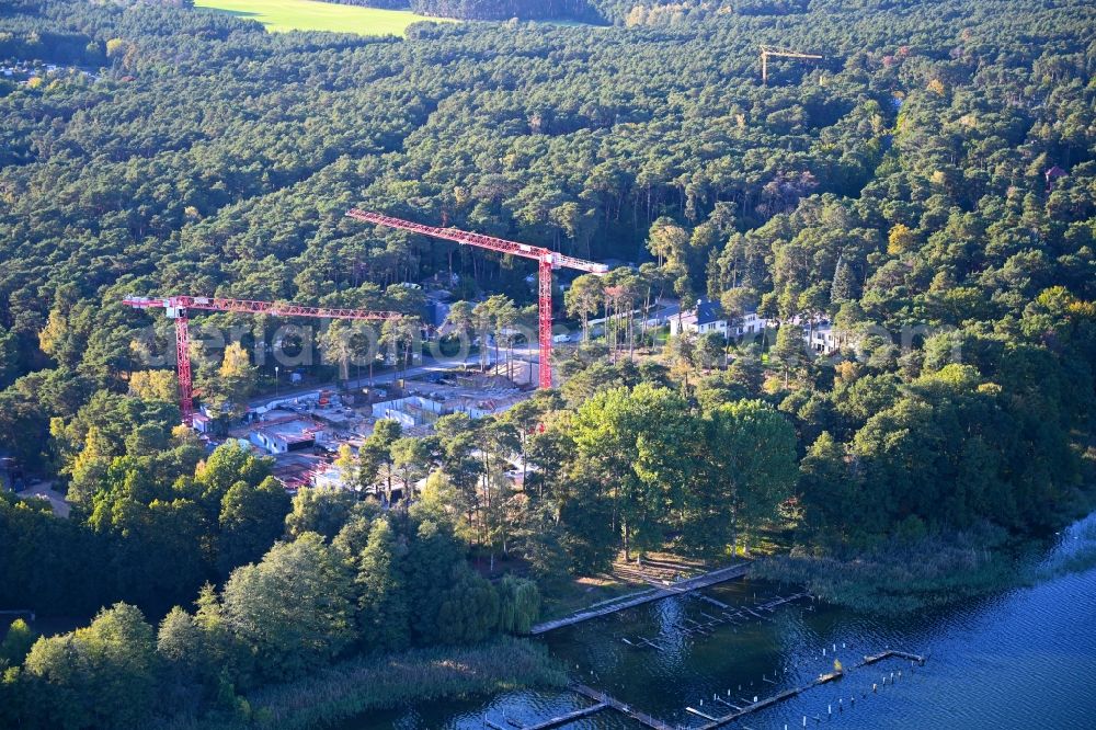 Bad Saarow from above - Construction site to build a new multi-family residential complex Marina Apartments on street Friedrich-Engels-Damm in Bad Saarow in the state Brandenburg, Germany