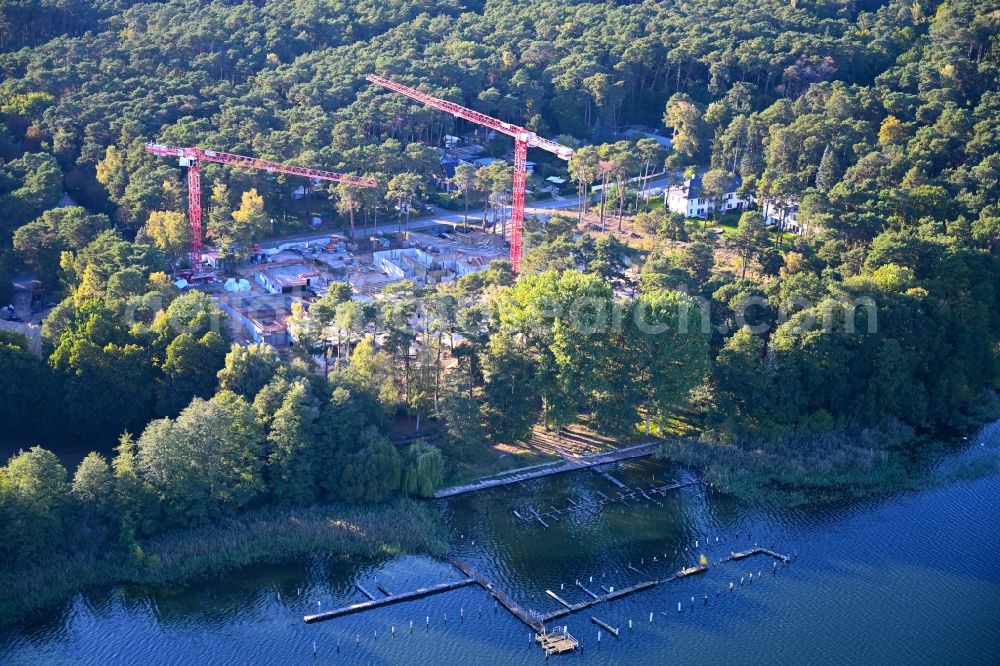 Bad Saarow from the bird's eye view: Construction site to build a new multi-family residential complex Marina Apartments on street Friedrich-Engels-Damm in Bad Saarow in the state Brandenburg, Germany