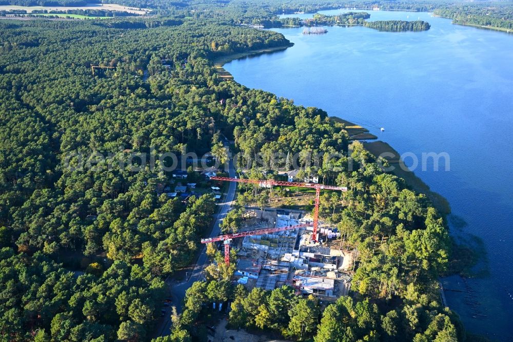 Bad Saarow from above - Construction site to build a new multi-family residential complex Marina Apartments on street Friedrich-Engels-Damm in Bad Saarow in the state Brandenburg, Germany