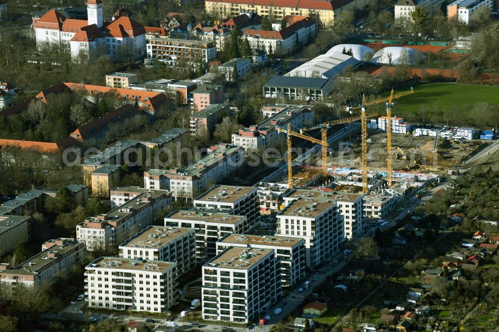 Berlin from the bird's eye view: Construction site to build a new multi-family residential complex Maximilians Quartier on Forckenbeckstrasse in the district Schmargendorf in Berlin, Germany