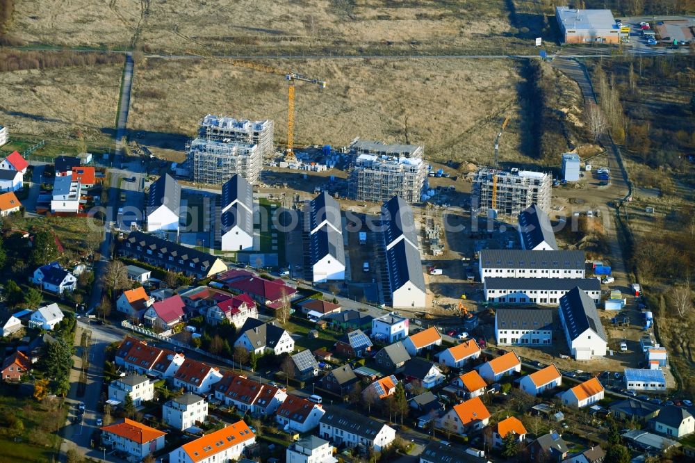 Berlin from the bird's eye view: Construction site to build a new multi-family residential complex Mein Falkenberg of Berliner Wohnbau GmbH & Co. KG in Berlin, Germany