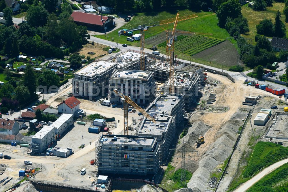 Aerial photograph München - Construction site to build a new multi-family residential complex mein raum on Lochhausener Strasse - Osterangerstasse in the district Lochhausen in Munich in the state Bavaria, Germany