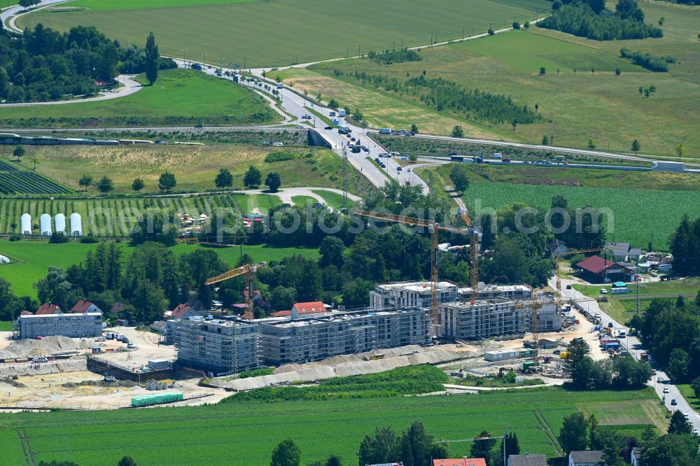 Aerial image München - Construction site to build a new multi-family residential complex mein raum on Lochhausener Strasse - Osterangerstasse in the district Lochhausen in Munich in the state Bavaria, Germany