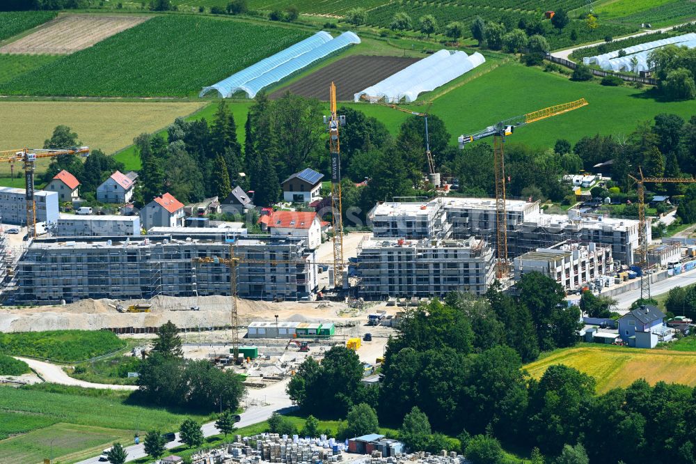 München from above - Construction site to build a new multi-family residential complex mein raum on Lochhausener Strasse - Osterangerstasse in the district Lochhausen in Munich in the state Bavaria, Germany
