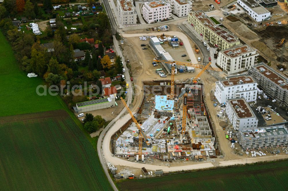 Aerial image München - Construction site to build a new multi-family residential complex mein raum on Lochhausener Strasse - Osterangerstasse in the district Lochhausen in Munich in the state Bavaria, Germany