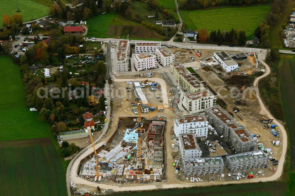 Aerial photograph München - Construction site to build a new multi-family residential complex mein raum on Lochhausener Strasse - Osterangerstasse in the district Lochhausen in Munich in the state Bavaria, Germany