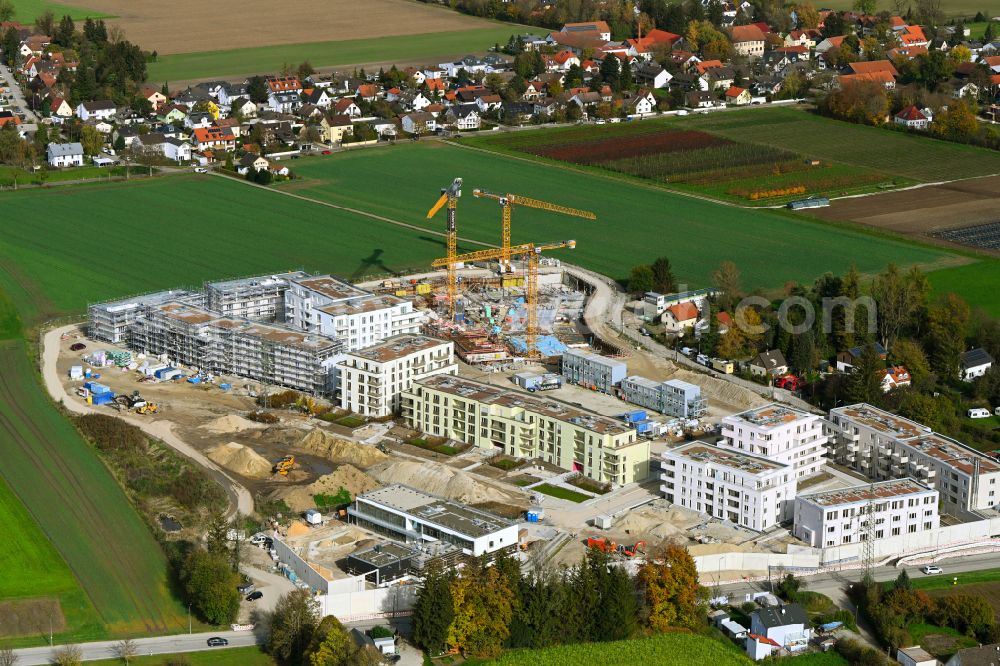 München from above - Construction site to build a new multi-family residential complex mein raum on Lochhausener Strasse - Osterangerstasse in the district Lochhausen in Munich in the state Bavaria, Germany