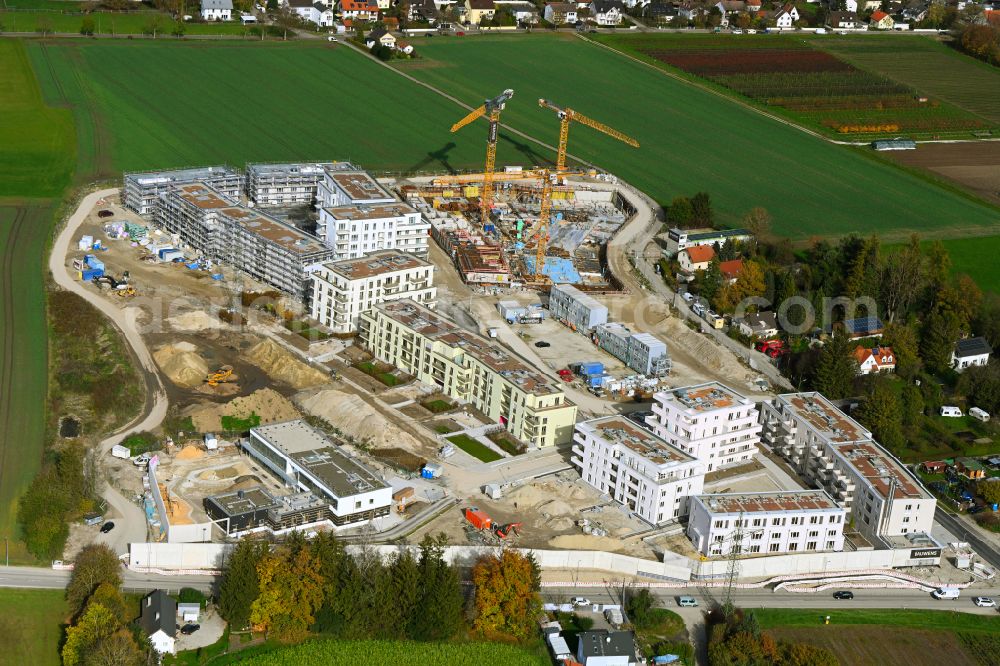 München from the bird's eye view: Construction site to build a new multi-family residential complex mein raum on Lochhausener Strasse - Osterangerstasse in the district Lochhausen in Munich in the state Bavaria, Germany