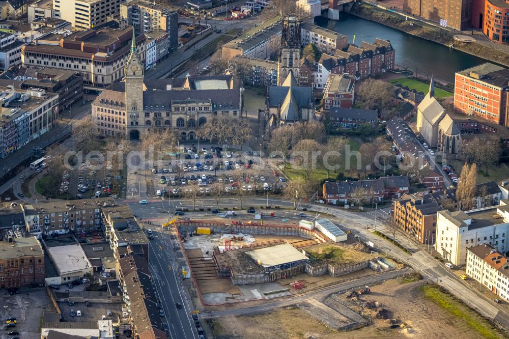 Aerial photograph Duisburg - Construction site to build a new multi-family residential complex Mercatorviertel along the Oberstrasse - Poststrasse and Gutenbergstrasse in Duisburg at Ruhrgebiet in the state North Rhine-Westphalia, Germany