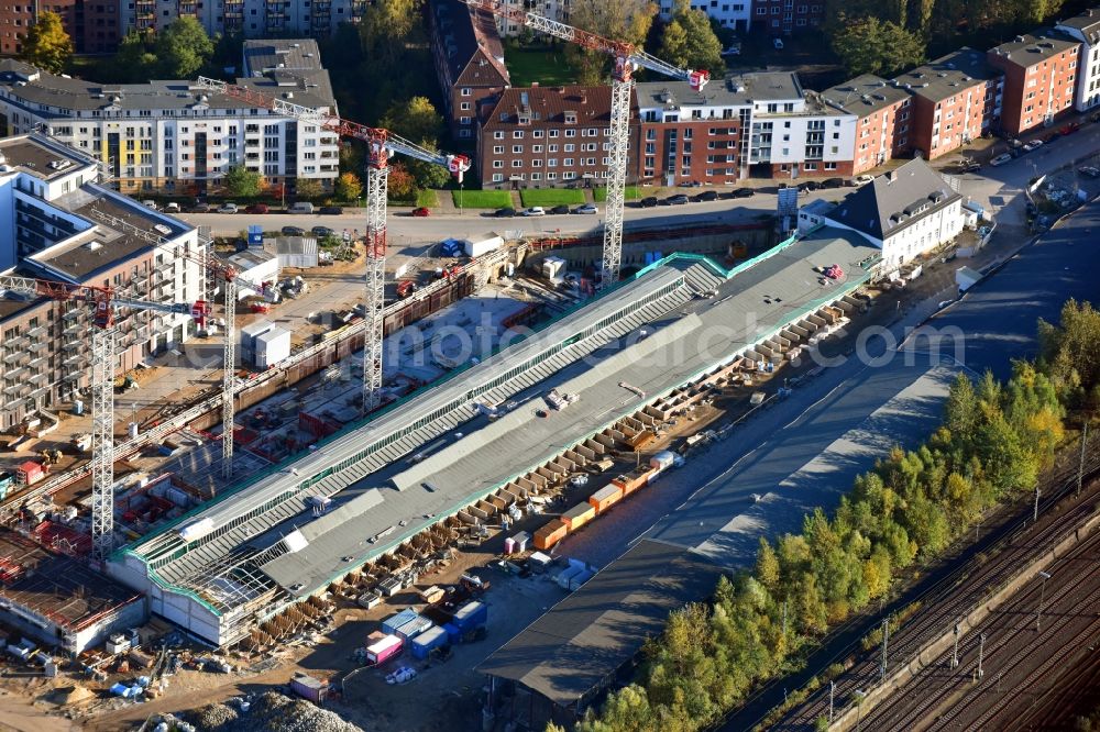 Hamburg from the bird's eye view: Construction site to build a new multi-family residential complex Mitte Altona between Felicitas-Kukuck-Strasse and Harkortstrasse in the district Altona in Hamburg, Germany