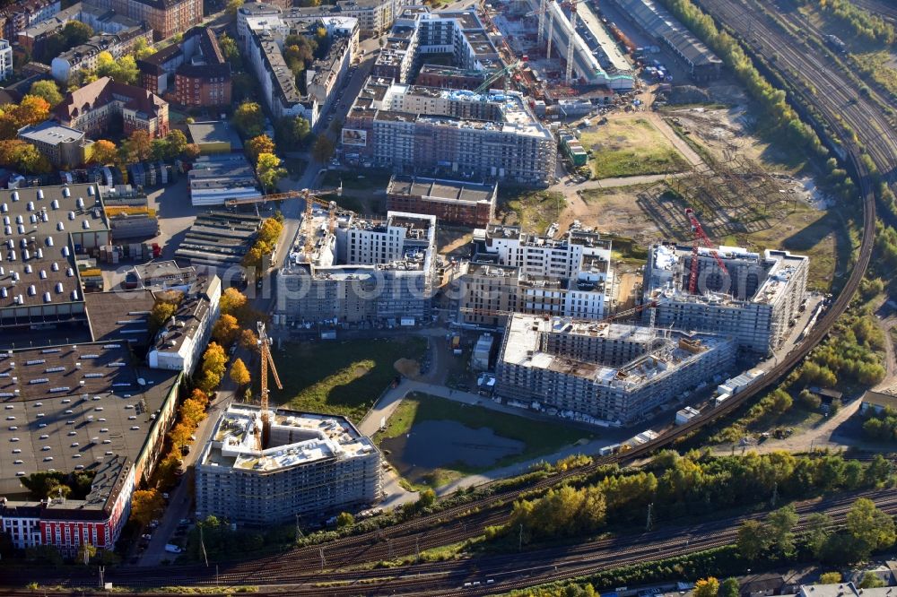 Hamburg from the bird's eye view: Construction site to build a new multi-family residential complex Mitte Altona between Felicitas-Kukuck-Strasse and Harkortstrasse in the district Altona in Hamburg, Germany