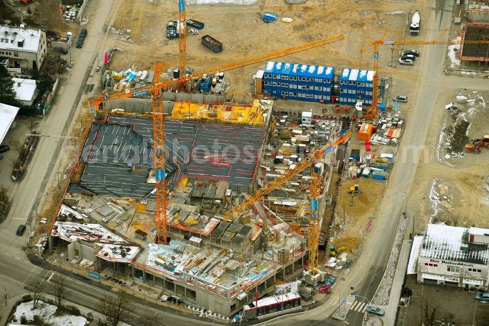 München from the bird's eye view: Construction site to build a new multi-family residential complex of MuenchenBau GmbH on Berduxstrasse in the district Pasing-Obermenzing in Munich in the state Bavaria, Germany