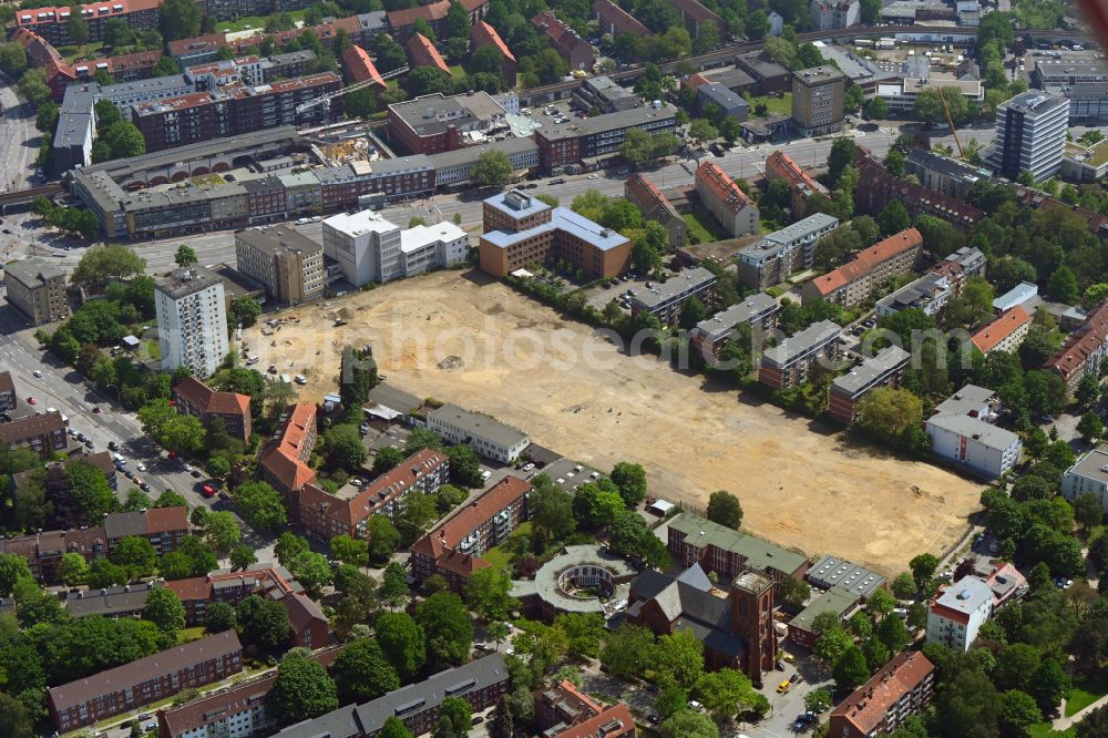 Hamburg from above - Construction site to build a new multi-family residential complex Neues Quartier Mesterkamp on Weidestrasse - Elsastrasse in the district Barmbek-Sued in Hamburg, Germany