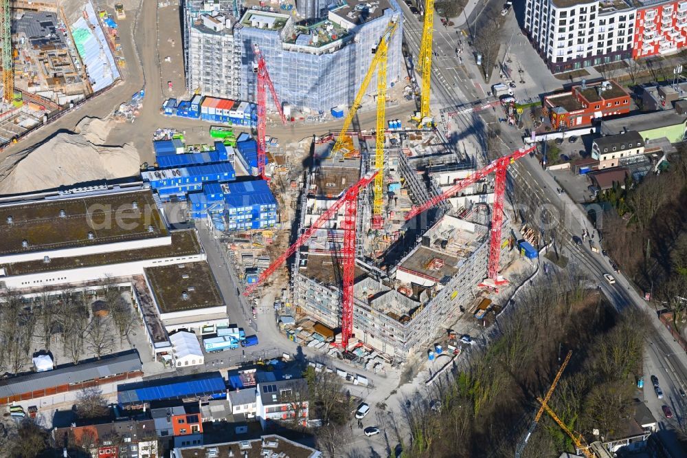 München from the bird's eye view: Construction site to build a new multi-family residential complex Wohnquartier on Nockherberg of Bayerische Hausbau GmbH & Co. KG in Munich in the state Bavaria, Germany