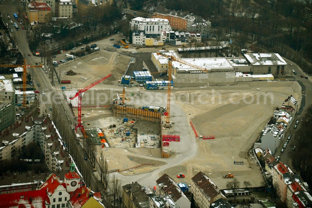 München from above - Construction site to build a new multi-family residential complex Am Nockherberg - Regerstrasse - Poppelstrasse in the district Au-Haidhausen in Munich in the state Bavaria, Germany