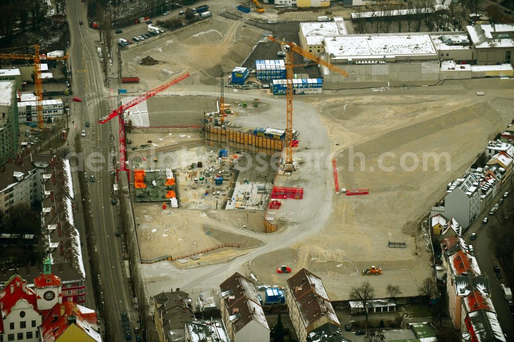 München from the bird's eye view: Construction site to build a new multi-family residential complex Am Nockherberg - Regerstrasse - Poppelstrasse in the district Au-Haidhausen in Munich in the state Bavaria, Germany