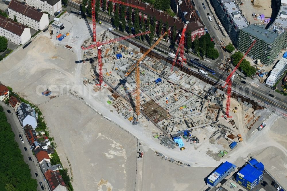 München from above - Construction site to build a new multi-family residential complex Am Nockherberg - Regerstrasse - Poppelstrasse in the district Au-Haidhausen in Munich in the state Bavaria, Germany