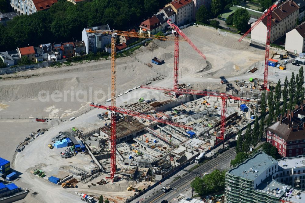 München from the bird's eye view: Construction site to build a new multi-family residential complex Am Nockherberg - Regerstrasse - Poppelstrasse in the district Au-Haidhausen in Munich in the state Bavaria, Germany